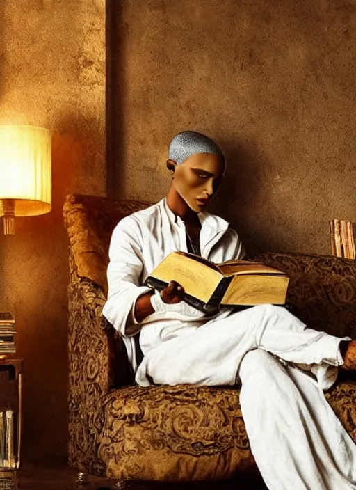 Image similar to A beautiful scene from a 2022 fantasy film featuring a humanoid genet wearing loose white clothing reading an ancient tome on a couch. An anthropomorphic genet. Golden hour.