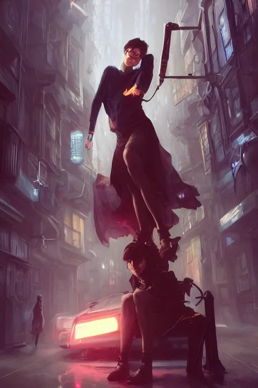 Prompt: Harry Potter in cyberpunk, implants, neon lighting, digital art from artstation by Ruan Jia and Mandy Jurgens and Artgerm and william-adolphe bouguereau and Greg Rutkowski