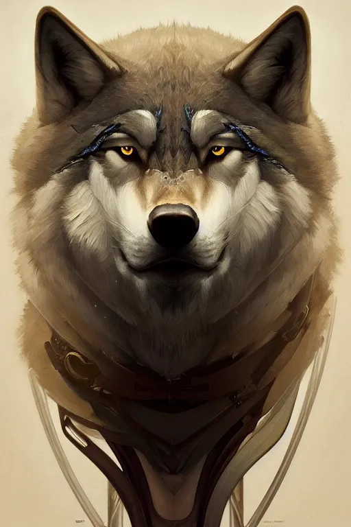 Prompt: symmetry!! portrait of a good looking wolf man, machine parts embedded into face, intricate, elegant, highly detailed, digital painting, artstation, concept art, smooth, sharp focus, illustration, art by artgerm and greg rutkowski and alphonse mucha, 8 k