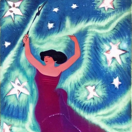 Image similar to navajo green distorted by arturo souto, by kees scherer. a conceptual art of a woman with wings made of stars, surrounded by a blue & white night sky. the woman is holding a staff in one hand, & a star in the other. she is wearing a billowing dress, & her hair is blowing in the wind.