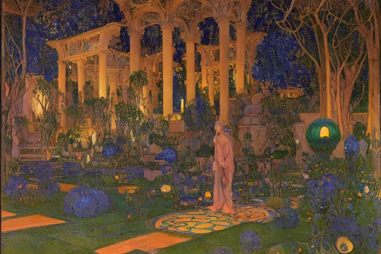 Image similar to beautiful garden at twilight by Annie Swynnerton and Nicholas Roerich and jean delville, glowing paper lanterns, strong dramatic cinematic lighting , ornate tiled architecture, lost civilizations, smooth, sharp focus, extremely detailed