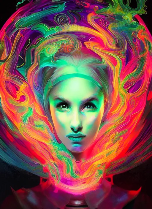 Prompt: psychedelic [ [ [ chemiluminescence ] ] ] elegant woman chakra spirit with smoke and fluid dynamics, colorful, psychedelic, ornate, intricate, digital painting, concept art, smooth, sharp focus, illustration, blacklight reacting, art by artgerm and greg rutkowski