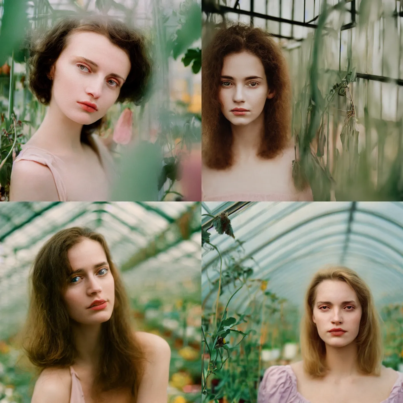 Prompt: head and shoulder, close up portrait photograph of a beautiful woman inside a greenhouse by nina masic. pastel colors. portra 4 0 0 film. mamiya 7. highly detailed. hq. photoreal. golden hour. raw. in - frame