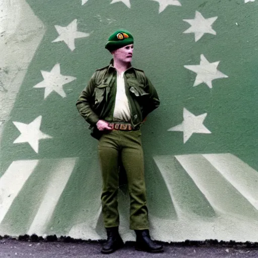 Prompt: irish republican army soldier posing next to a mural in belfast in the 1 9 7 0 s, 8 k detail