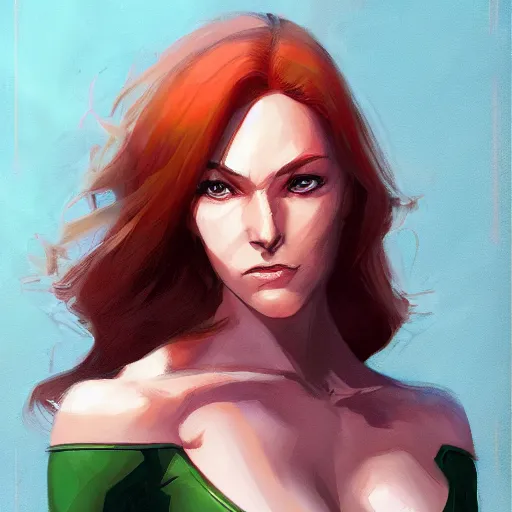 Prompt: jean grey, a half body of jean grey, green eyes, comic, x - men, highly detailed, artstation, digital painting, vivid colors, realistic shaded perfect face, soft lighting, atmospheric, cinematic, moody, in the style of krenz cushart, oil on canvas, 8 k