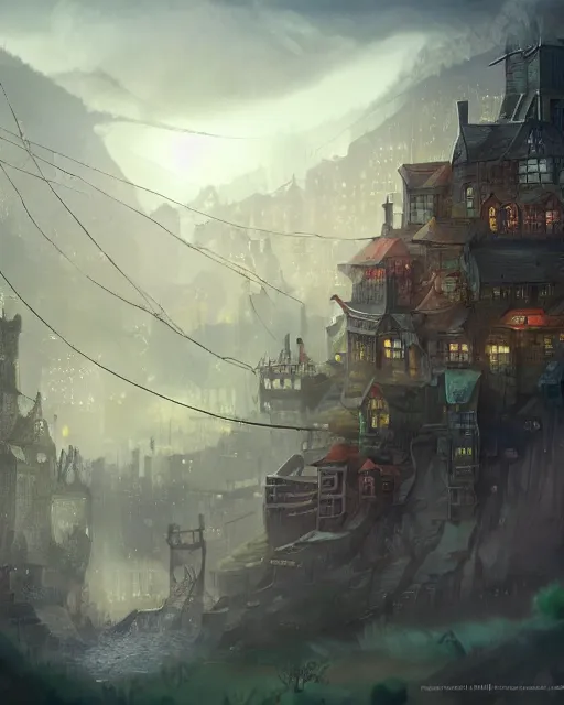 Image similar to a tiny miniscule town living on the thread of a spiders web, fantasy concept art, trending on art station, stunning visuals, creative, cinematic, ultra detailed