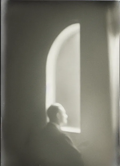 Prompt: a man looking out a window in the afternoon, flash polaroid photo by george hurrell, hazy light rays