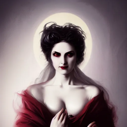 Image similar to Demonic beautiful vampire white-haired young woman mistress of death mourning widow vintage gown with a faint smile dark lipstick macro golden iris wearing dark clouds fog smoke and fire as clothes, colourful trending artstation, detailed portrait academic caravaggio Bouguereau, sharp focus medium shot