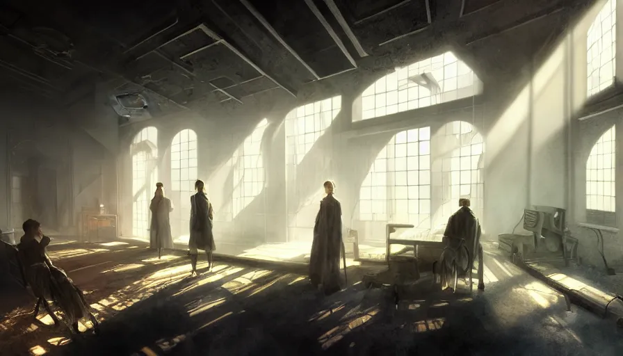 Image similar to high tech nomands exploring abandoned laboratory from early xx century, light, shadows, reflections, steam, epic composition, intricate, elegant, volumetric lighting, digital painting, highly detailed, artstation, sharp focus, illustration, concept art, ruan jia, steve mccurry