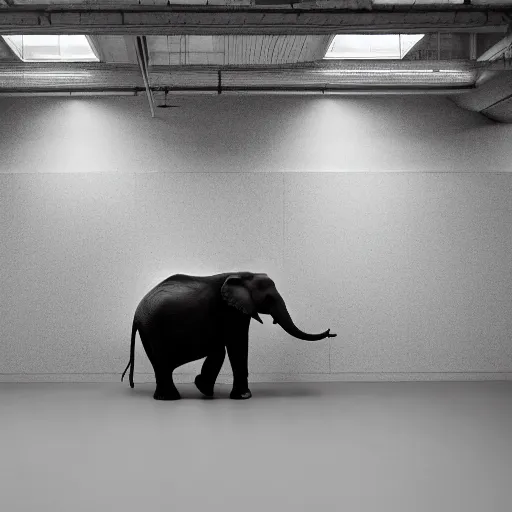 Image similar to photo of elephant staying in the empty office, black & white by annie leibovitz