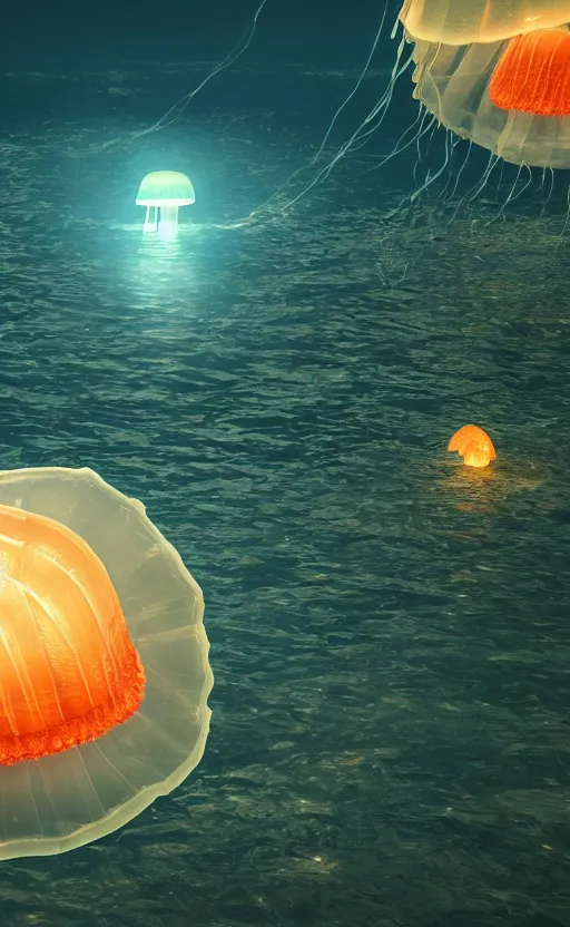 Image similar to giant glowing jellyfish made of fish with a transparent wet shell, watching over a sunken ancient city, photorealistic, 4K detailed post-processing, cinematic light, intricate detail, octane render