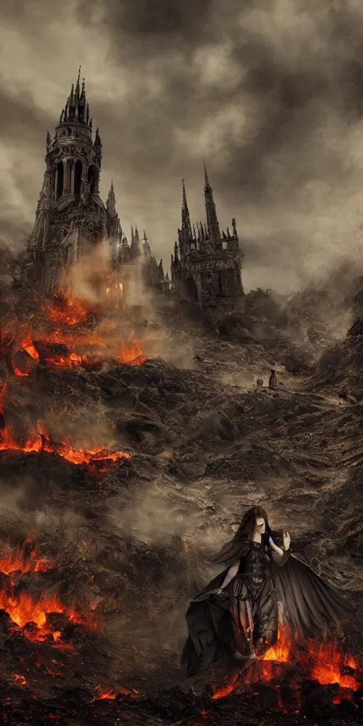 Image similar to extra wide view. Hell fire. angels with wings. marvellous magic. Ominous. Gothic medieval baroque. Dry ground cracks. Cinematic. Epic composition. Realistic cinematography. Hyper-detailed. 8k