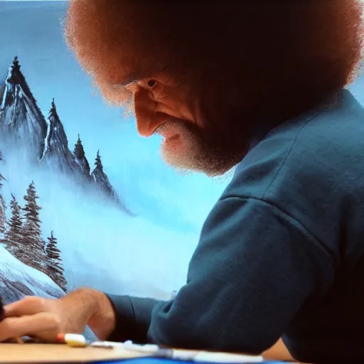 Prompt: a closeup photorealistic photograph of bob ross working on a canvas painting of the cookie monster. film still. brightly lit scene. mountains and trees. this 4 k hd image is trending on artstation, featured on behance, well - rendered, extra crisp, features intricate detail, epic composition and the style of unreal engine.