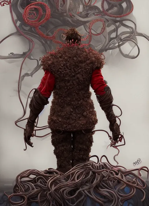 Prompt: !dream a highly detailed illustration of thick curly haired young guy wearing brown coat and face mask, with red and blue biker gloves, with wire tentacles on his back, dramatic standing pose, intricate, elegant, highly detailed, centered, digital painting, artstation, concept art, smooth, sharp focus, league of legends concept art, WLOP