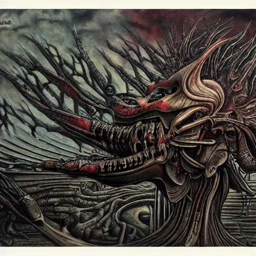 Image similar to painting by h. r. giger, fantasy demon rising from the ashes like a phoenix, metal album cover, punk, skeletal remains, condemned to misery, terminate, metal