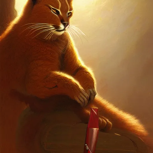 Prompt: sad caracal holding red paintbrush, atmospheric lighting, intricate, volumetric lighting, digital art, highly detailed by gaston bussiere, craig mullins, j. c. leyendecker 8 k