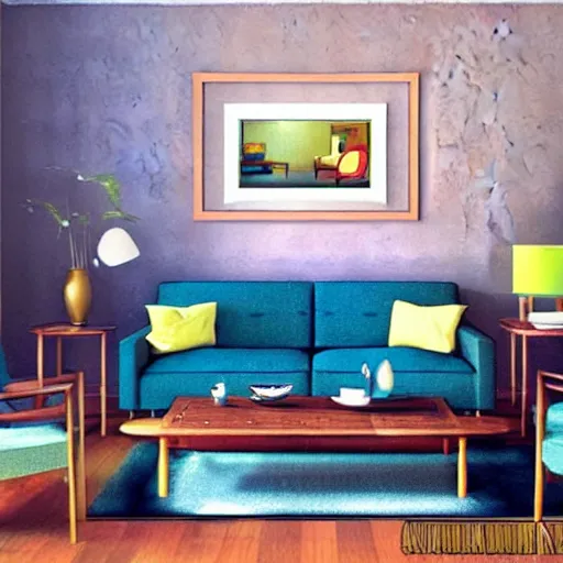 Image similar to painting of cozy mid century modern living room, artgerm