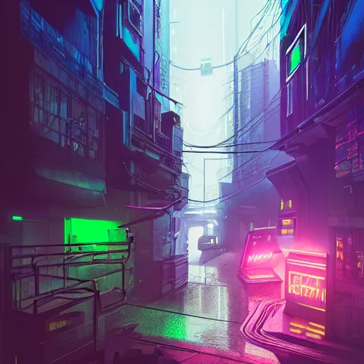 Prompt: Cyberpunk city, alley, neon and hologram, cinematic lighting, artstation, cgsociety, concept art, highly detailed and realistic