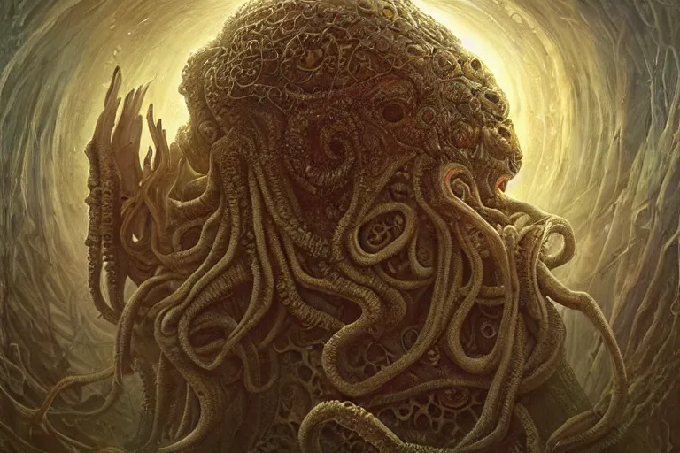 Image similar to a lovecraftian painting of cthulhu face of cosmic horror, cosmic horror elements, ultra realistic, concept art, intricate details, eerie, highly detailed, photorealistic, octane render, 8 k, unreal engine. art by artgerm and greg rutkowski and alphonse mucha