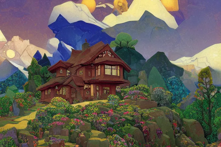 Prompt: the enchanted cottage and gardens of a wise woman on a mountaintop, dramatic cinematic lighting, folk-art carved painted wood house, rich colors, by Nicholas Roerich and William Dyce and ford madox brown and April Gornik and Caspar David Friedrich and Diego Rivera and Tyler Edlin and Ivan Bilibin, featured on artstation