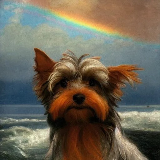 Prompt: a gray and brown Yorkshire Terrier under a rainbow at sea by Michael Sowa, head and shoulders portrait, golden hour, extremely detailed masterpiece, oil on canvas, by J. C. Leyendecker and Peter Paul Rubens and Edward Hopper and Michael Sowa,