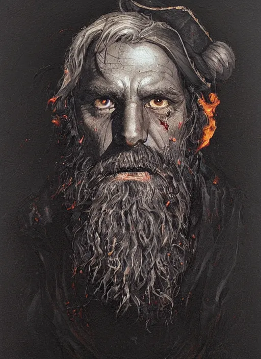 Image similar to portrait of grizzled sailor on sea of black flame, coherent! by brom, deep color, strong line, high contrast