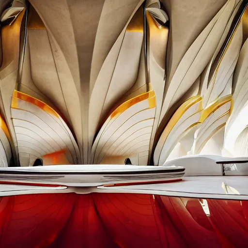 Prompt: interior of a futuristic lotus temple with gold, red and white marble panels, in the desert, by zaha hadid and buckminster fuller and syd mead, intricate contemporary architecture, photo journalism, photography, cinematic, national geographic photoshoot