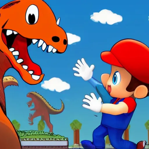 Image similar to italian plumber wearing a red hat and shirt, blue jumpsuit fighting a dinosaur.