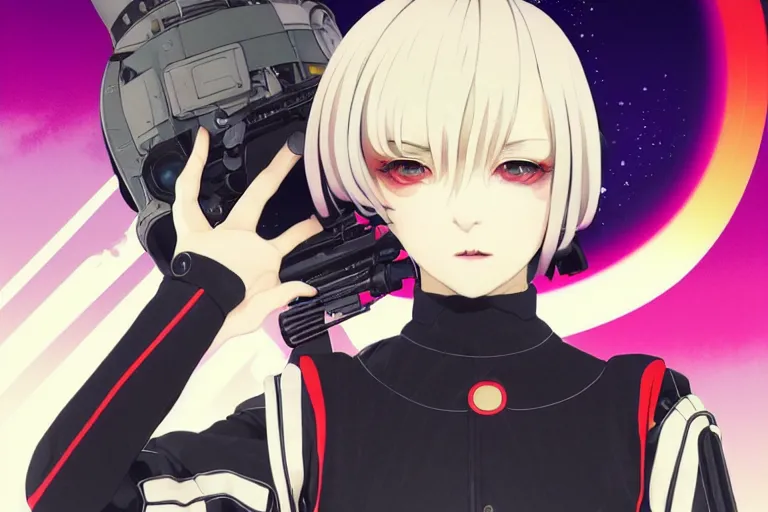 Image similar to last exile, ilya kuvshinov illustration colorful anime portrait of reol's album cover sigma, murata range, fine detail, perfect anime face, dramatic lighting, dynamic composition, moody, vivid, fine stippled lighting, grain, art deco, cel shading, rich texture, yoshinari yoh, takashi murakami