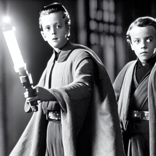 Prompt: film still of young alec guiness and young sebastian shaw as jedis in new star wars movie, dramatic lighting, highley detailled face, kodak film, wide angle shot, photorealistic