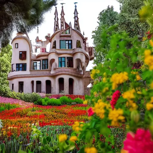 Prompt: a house by Antoni Gaudí in the flower field