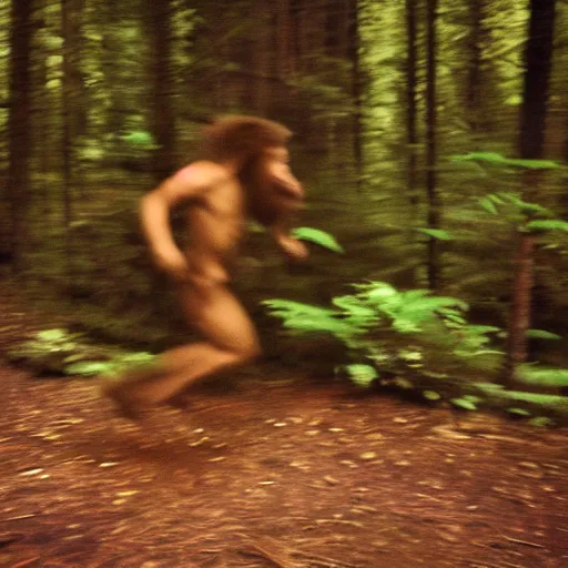 Prompt: grainy blurry 3 5 mm photograph of bigfoot running away through a forest, wide shot, action shot, sasquatch, candid photo,