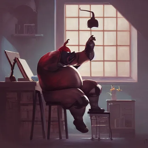 Image similar to a insanely detailed painting of a fat masked superhero wearing a costume sitting at a desk, staring at the nervously at the computer and clicking on the mouse, in the style of peter mohrbacher, dramatic lighting and composition, trending on artstation, concept art, comic book