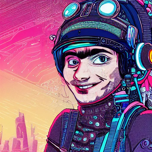 Prompt: detailed illustration in the style of josan gonzalez of a close up of a smiling young explorer wearing a cyberpunk headpiece, highly detailed, intricate details, 8k wallpaper