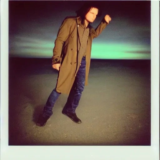 Image similar to 9 0 s polaroid photograph of norman reedus wearing a trenchcoat at night, dancing on a beach during cloudy weather, vignette