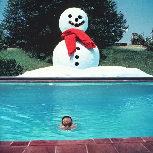 Prompt: Snowman sunbathing at pool, 1987 kodak photograph