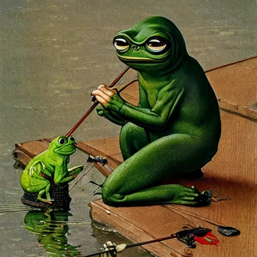 Image similar to pepe the frog fishing by norman rockwell