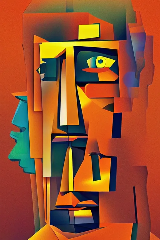 Image similar to cubist moai statue cutout digital illustration cartoon colorful beeple