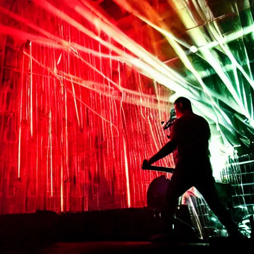 Image similar to Sweating Trent Reznor smashing guitars, group of people on stage playing instruments, elaborate stage effects, dust, smoke, giant LED screens, colored projections, ultrafine detail, cybersuit, glowing thin wires, smoke, high contrast, projections, holography, volumetric lighting