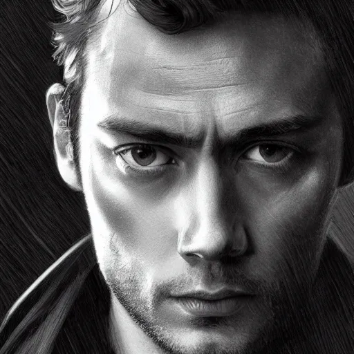 Prompt: black and white photograph of Jude Law as a detective, highly detailed, artstation, sharp focus, illustration, art by artgerm and greg rutkowski and alphonse mucha