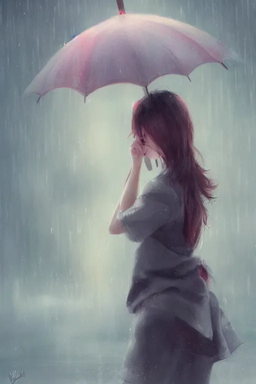 Image similar to cute girl in the rain under an umbrella, by wlop, concept art, poster