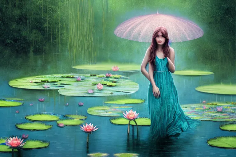 Image similar to light teal portrait in the rain on pond with waterlilies, fantasy, intricate, elegant, dramatic lighting, emotionally evoking symbolic metaphor, highly detailed, lifelike, photorealistic, digital painting, artstation, concept art, smooth, sharp focus, illustration, art by John Collier and Albert Aublet and Krenz Cushart and Artem Demura and Alphonse Mucha