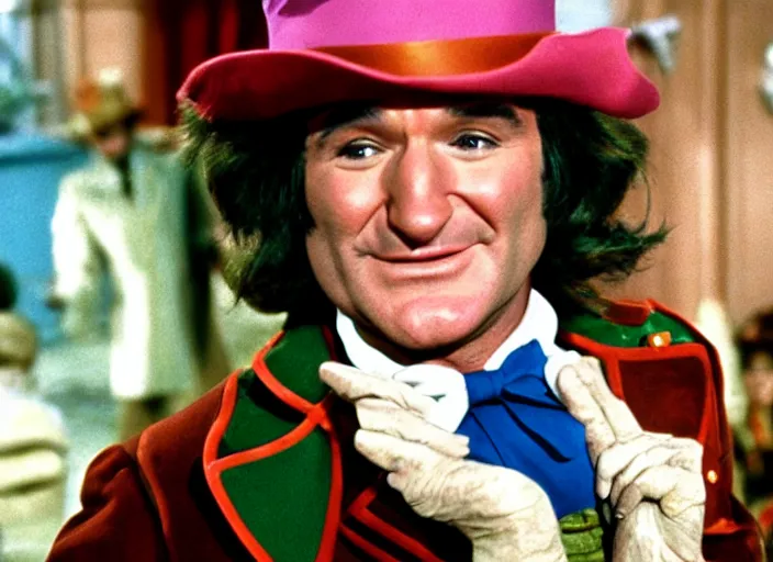 Prompt: film still of Robin Williams as Willy Wonka in Willy Wonka and the Chocolate Factory 1971