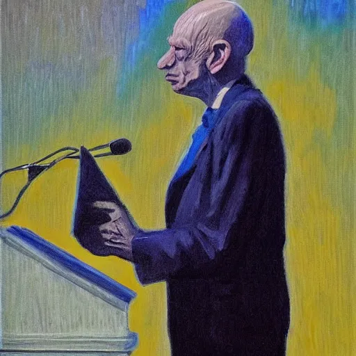 Prompt: impressionist painting of president gollum giving a speech