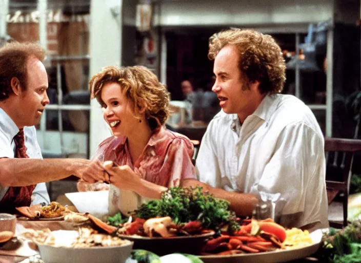 Image similar to film still of Clint Howard and Isla Fischer having dinner in the new You've Got Mail movie, 4k