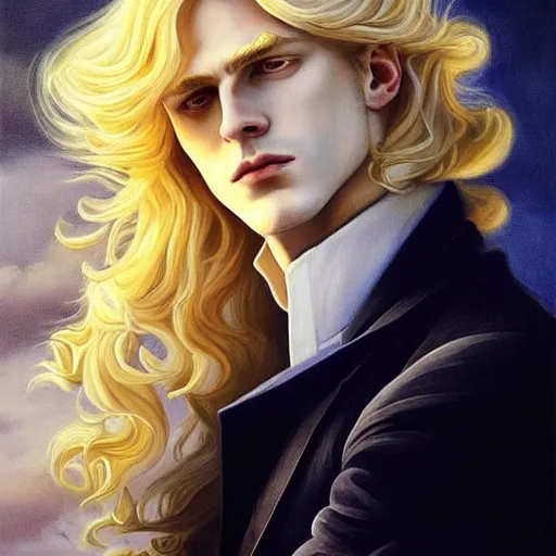 Image similar to Beautiful painting of the pale blond androgynous prince in a sensual pose, johan liebert mixed with alucard, long curly golden blond hair, baroque curls, very very pale white skin, atmospheric lighting, painted, intricate, volumetric lighting, beautiful, rich deep colours masterpiece, golden hour, sharp focus, ultra detailed, in the style of Dan Mumford and Johfra Bosschart, with a crowded futuristic cyberpunk city in the background, astrophotgraphy