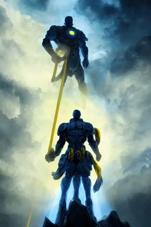 Image similar to a distant shot of a super soldier with blue and yellow flag and standing alone on a huge pile of human skulls as a winner, masculine figure, D&D, fantasy, bright hopeful atmosphere, volumetric lights, beam of bright light through the clouds, intricate, elegant, highly detailed, extremely detailed, digital painting, artstation, concept art, matte, smooth, sharp focus, hyper realistic, illustration, art by Artgerm and Greg Rutkowski and Alphonse Mucha