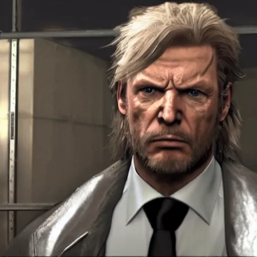 Image similar to Donald trump as old snake in metal gear solid V, movie still,