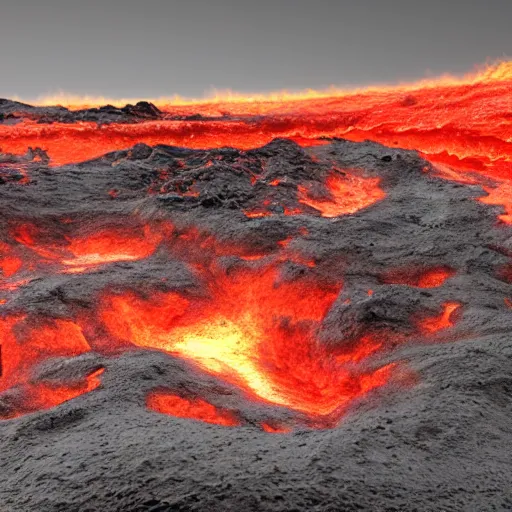 Image similar to 8 k hd detailed octane render of a river of molten magma following from a volcano