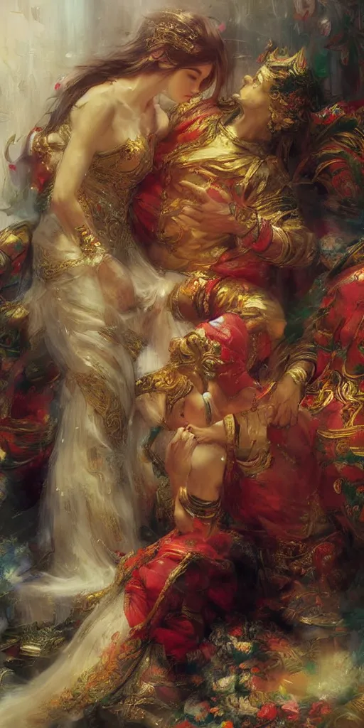 Prompt: greeting card, love, 2 beautiful royal gods, by ruan jia, warm colors, cozy